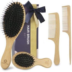 Wet Dry Hair Brush and Comb Set-Natural Bamboo Bristles Boar Detangler Hairbrush